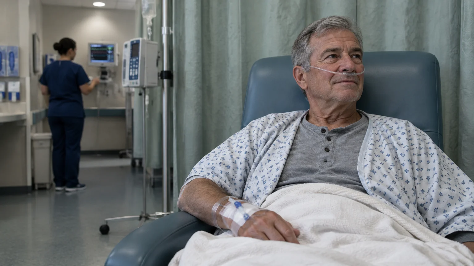 Senior man in a hospital gown resting in a clinic recliner with nasal cannula and IV, a nurse working in the background.