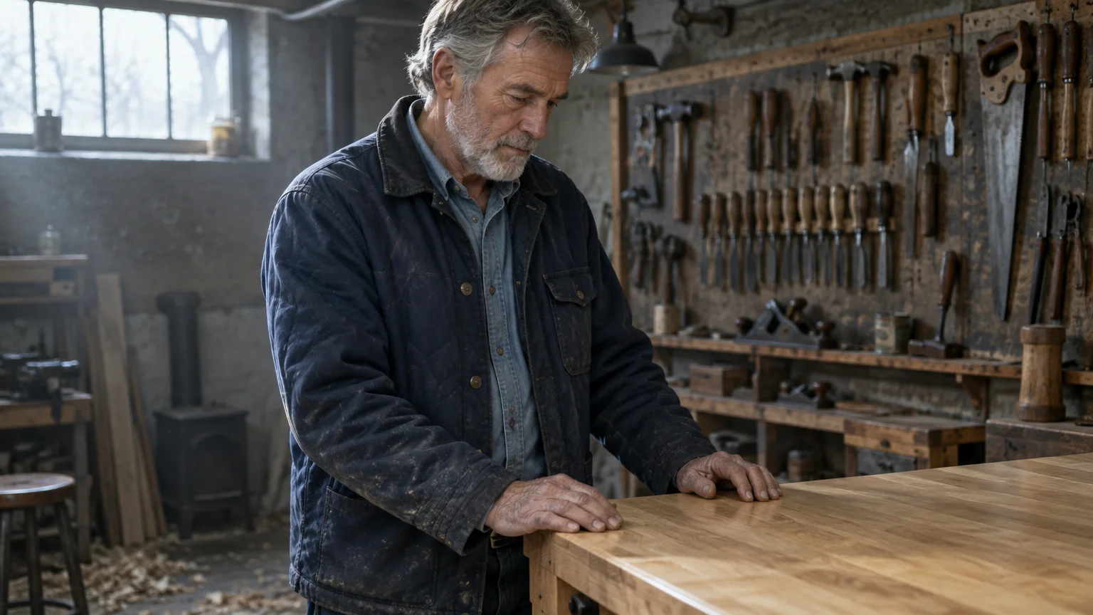 Older man with gray hair and a beard resting his hands on a wooden workbench in a carpentry workshop.