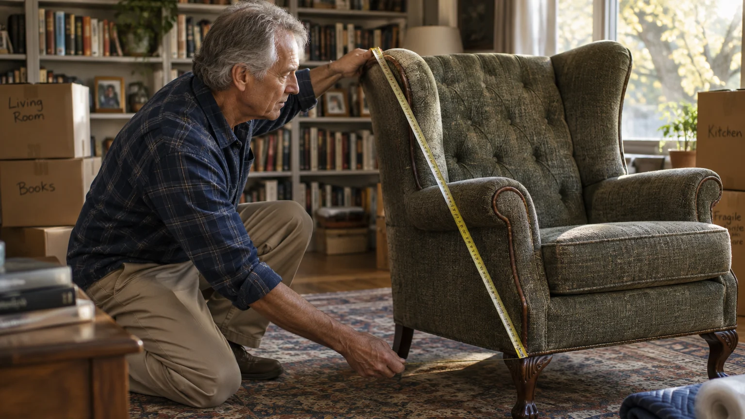A man kneels on an oriental rug and uses a yellow measuring tape along the side of a green upholstered wingback armchair.