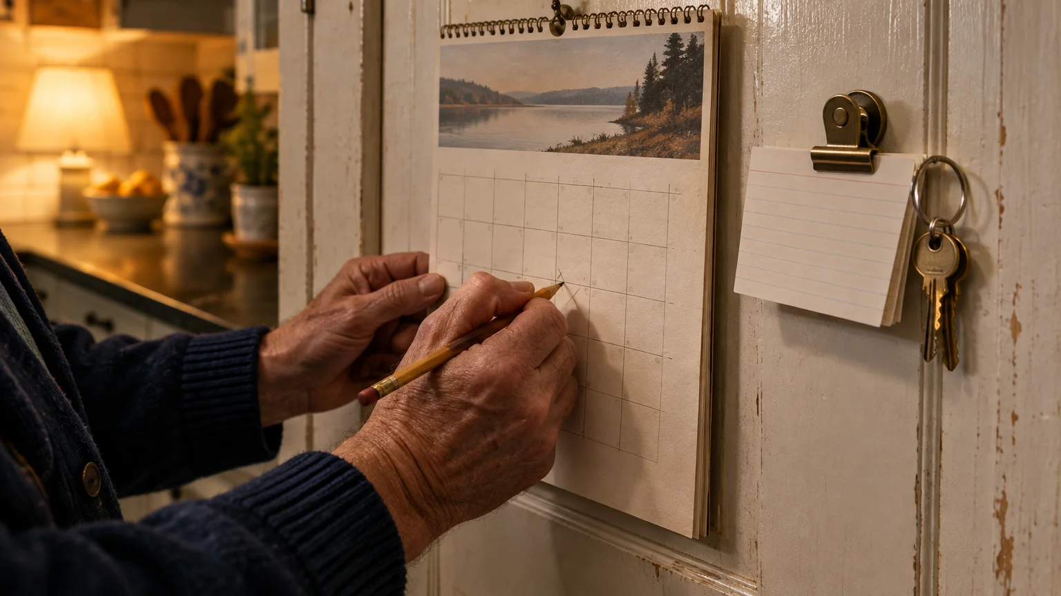 Close-up of an older person writing with a pencil on a wall calendar hanging beside keys on a hook.