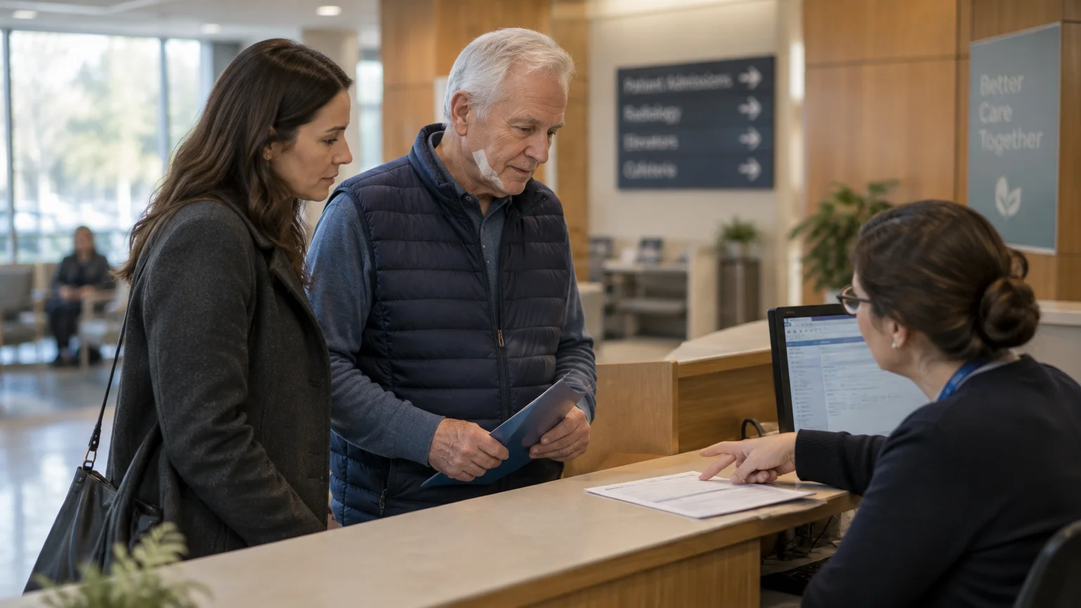 An older man with a bandage on his jaw and a woman review paperwork with a receptionist at a hospital check-in counter.