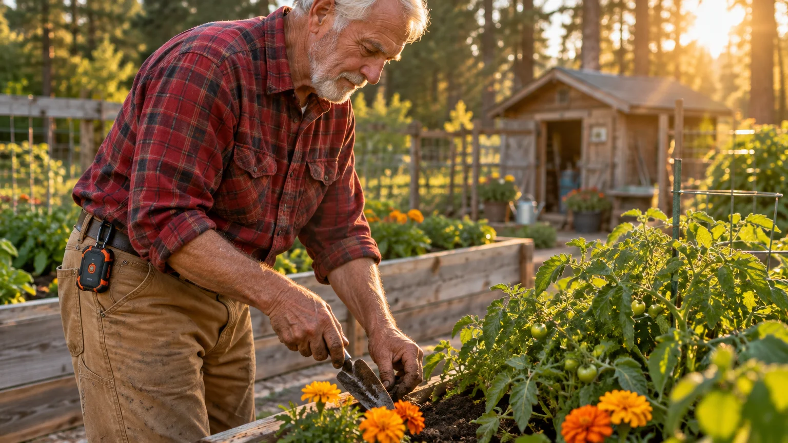 A senior man in a plaid shirt gardens in a raised bed with a small alert device clipped to his belt.