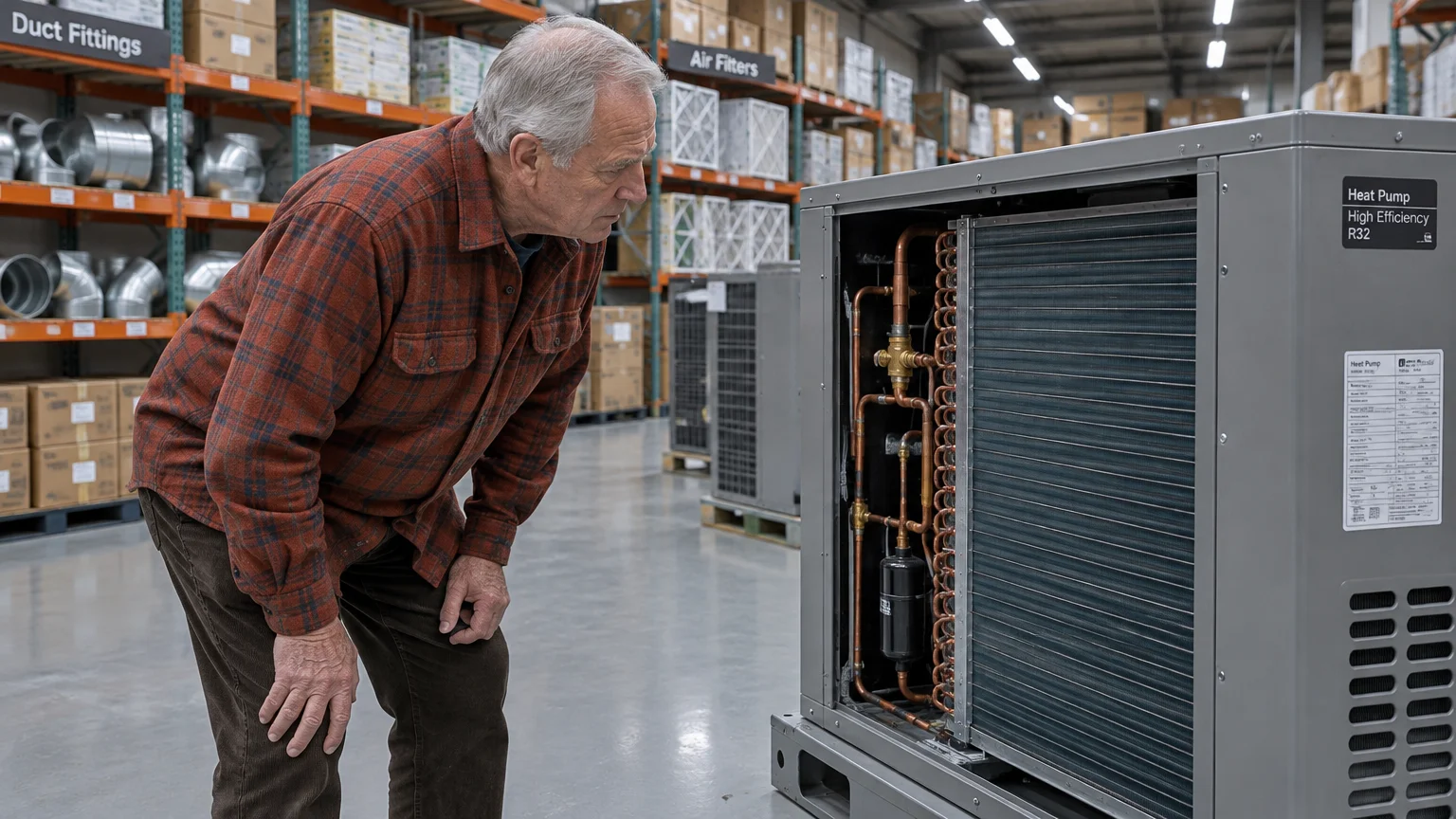 Older man in a plaid shirt inspects the internal copper piping of an open heat pump unit in a warehouse.