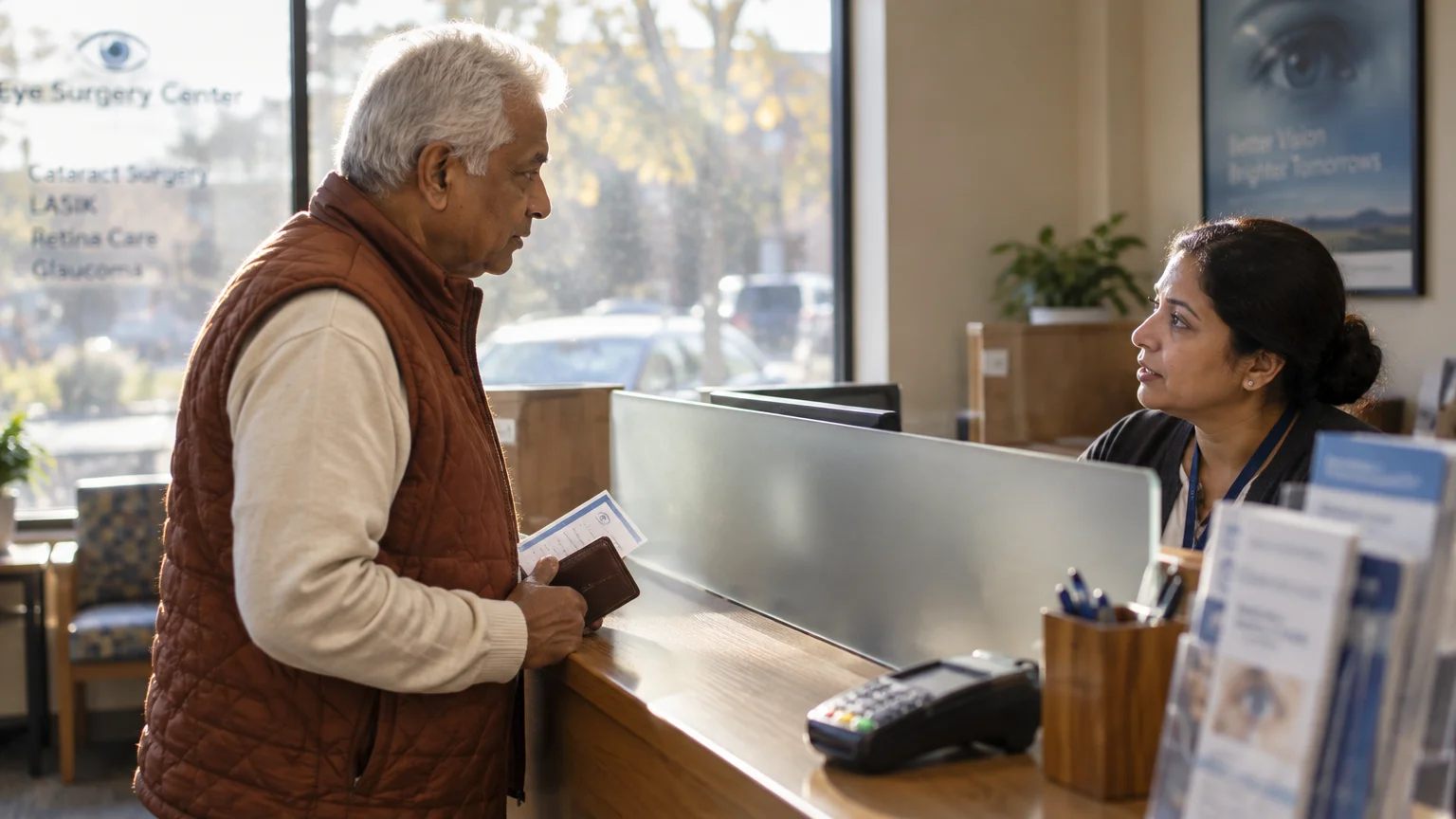 An older man holding a wallet speaks with a receptionist across a clinic front desk counter.