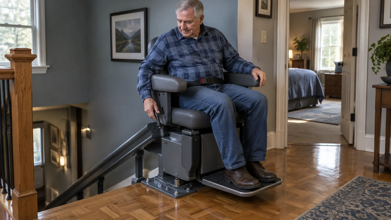 A man sitting in a motorized stair lift chair at the top landing of a staircase in a home.