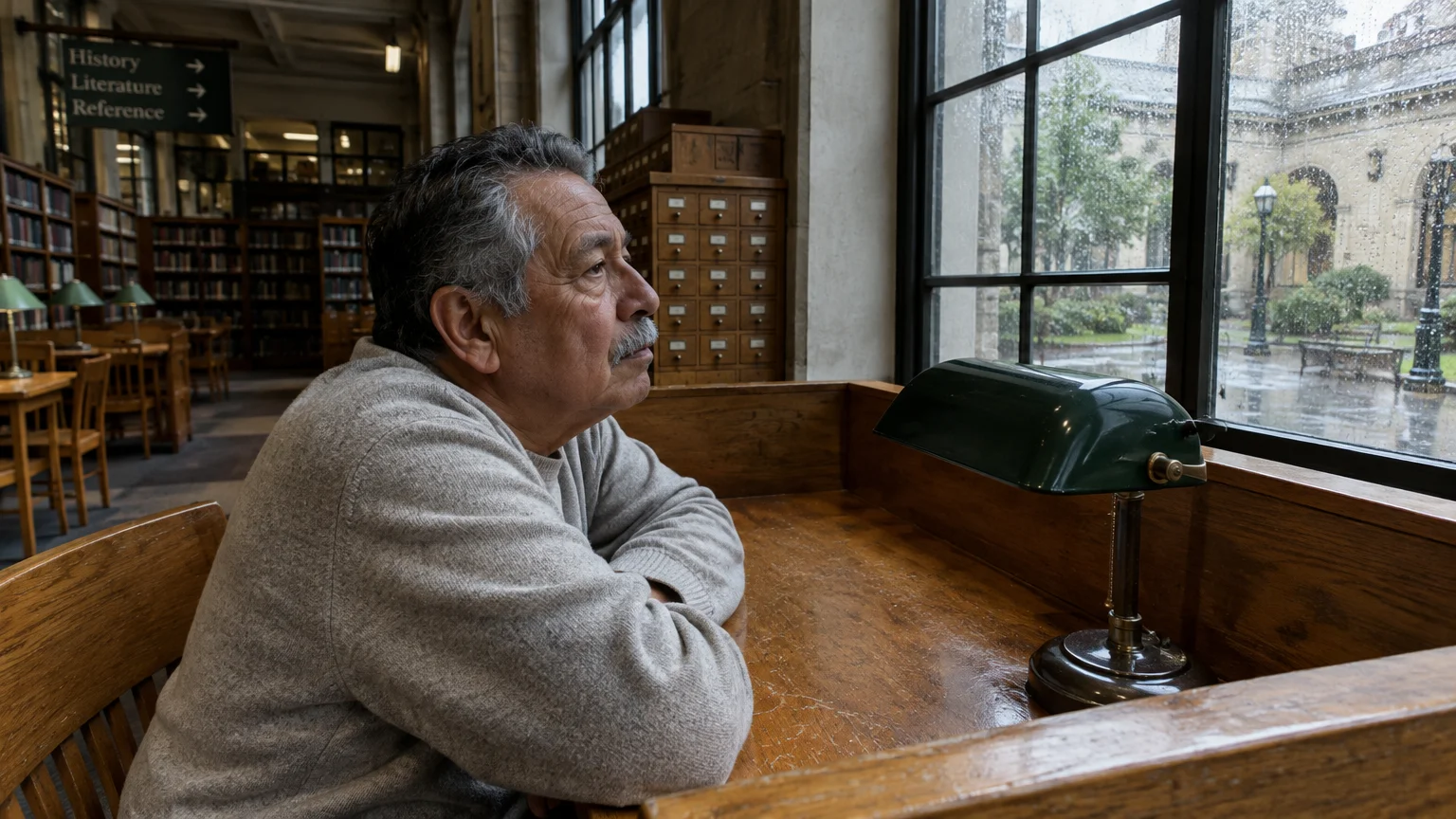 Older man with a mustache sitting at a wooden library desk with a green lamp, looking out a rainy window.
