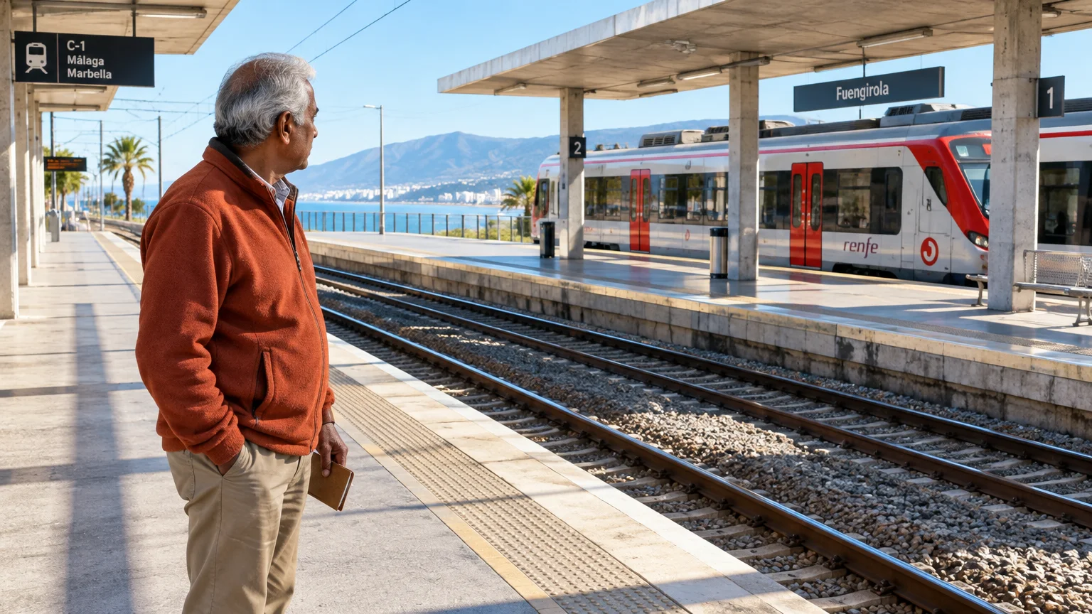 Man standing on an open-air train platform looking at a red-and-white Renfe train with the sea in the background.