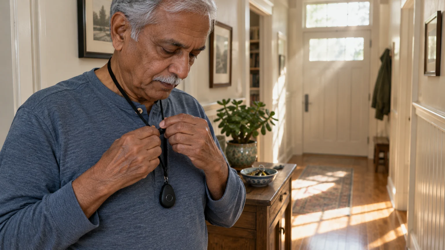 A senior man with grey hair and a mustache puts on a black medical alert pendant necklace in a home hallway.