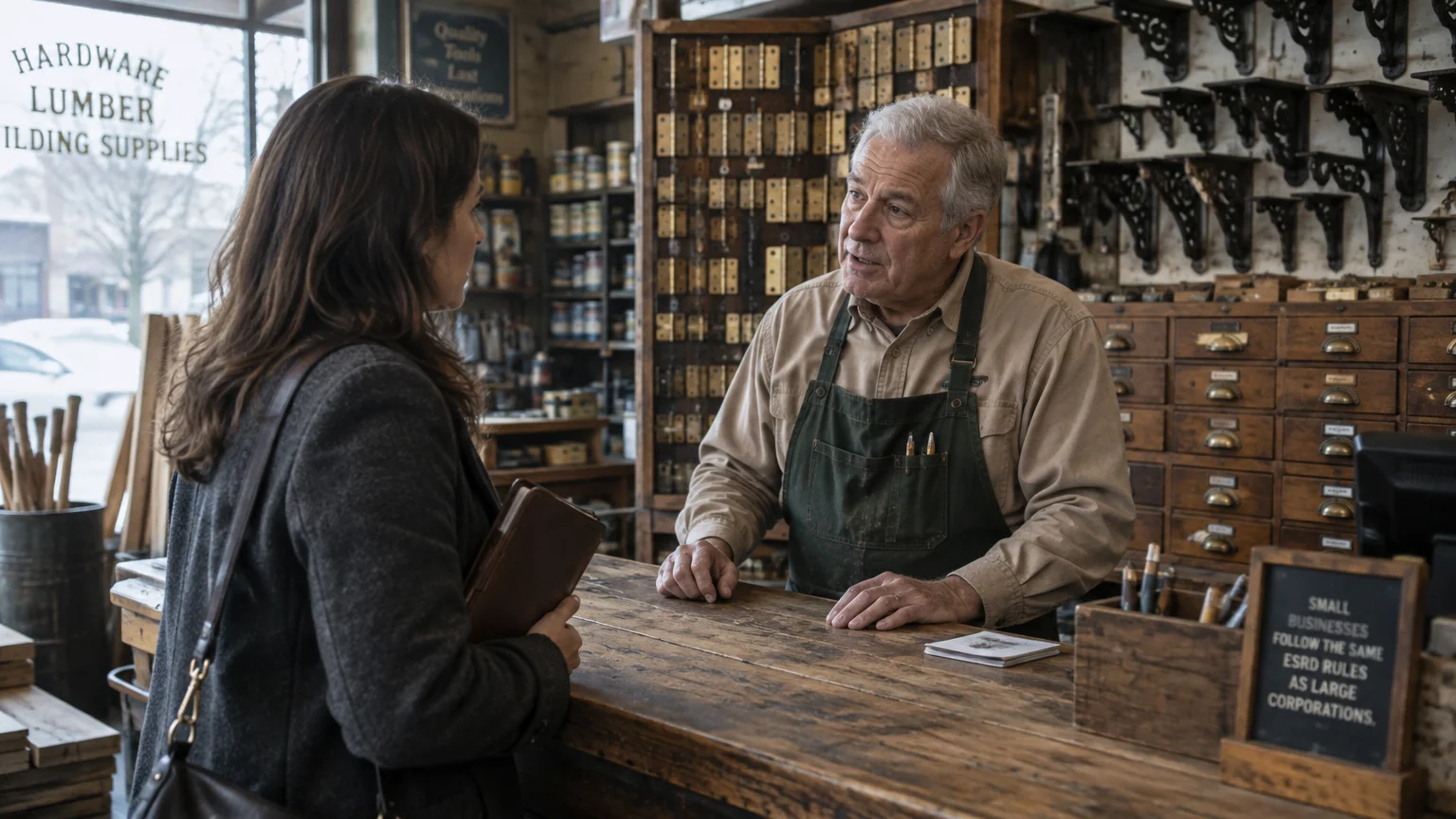 A man in a work apron talks with a woman across a wooden counter inside a hardware store.