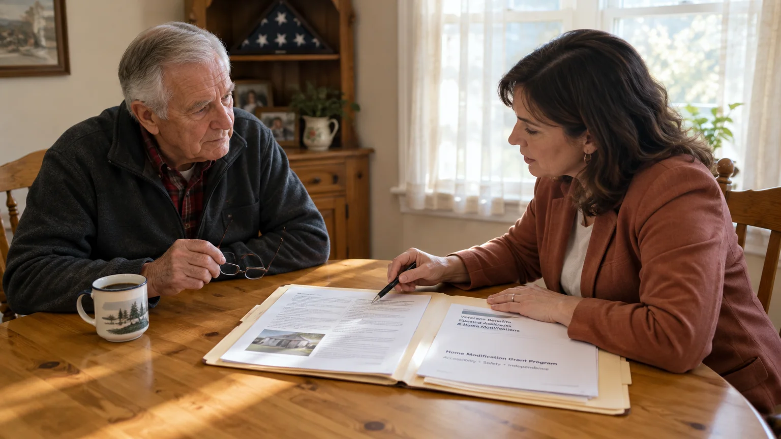A woman reviews home modification grant paperwork with a senior man sitting at a wooden dining table.