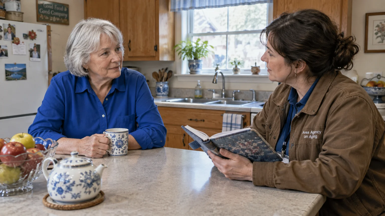 A woman in an Area Agency on Aging jacket talks with a senior woman at a kitchen counter.