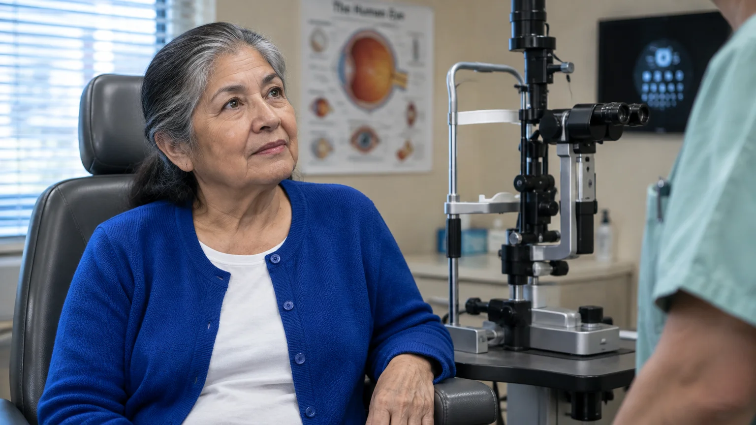 A senior woman sits in an examination chair next to an eye exam machine, looking toward a healthcare worker.