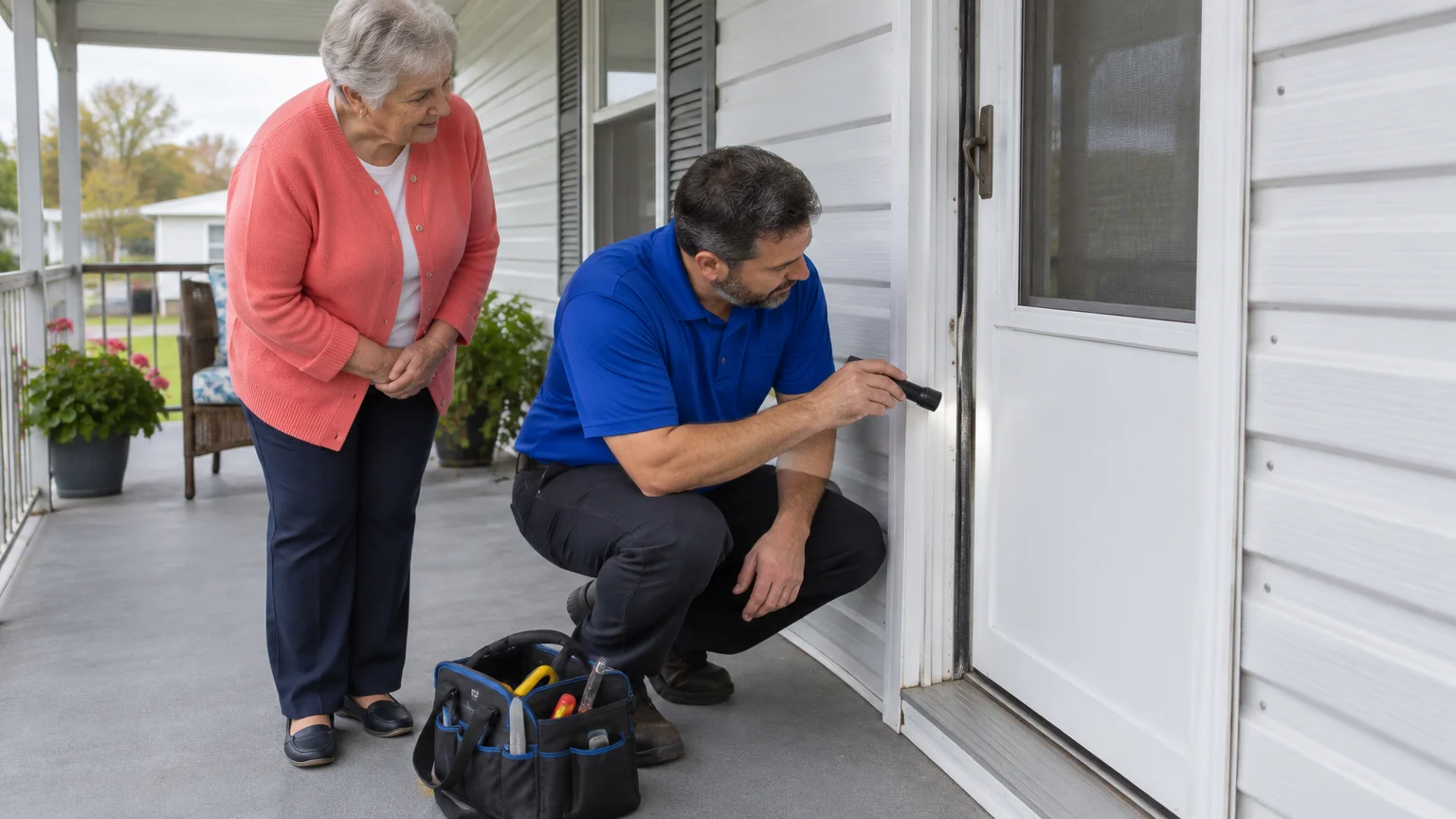A technician in a blue shirt kneels on a porch using a flashlight to inspect a doorway beside an elderly woman.
