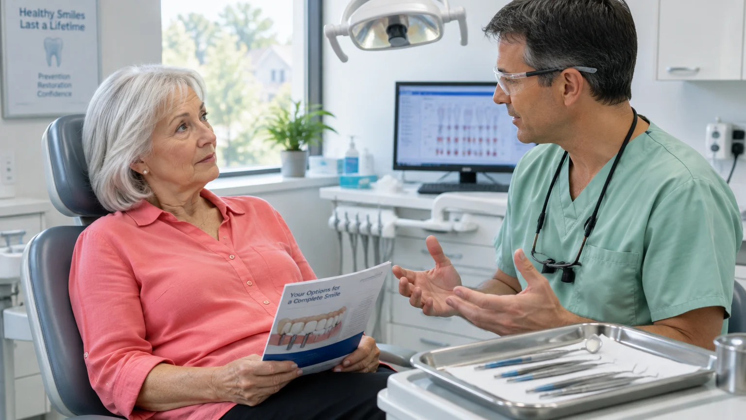 A dentist in scrubs and safety glasses talks with a senior woman holding a dental options brochure in a clinic.