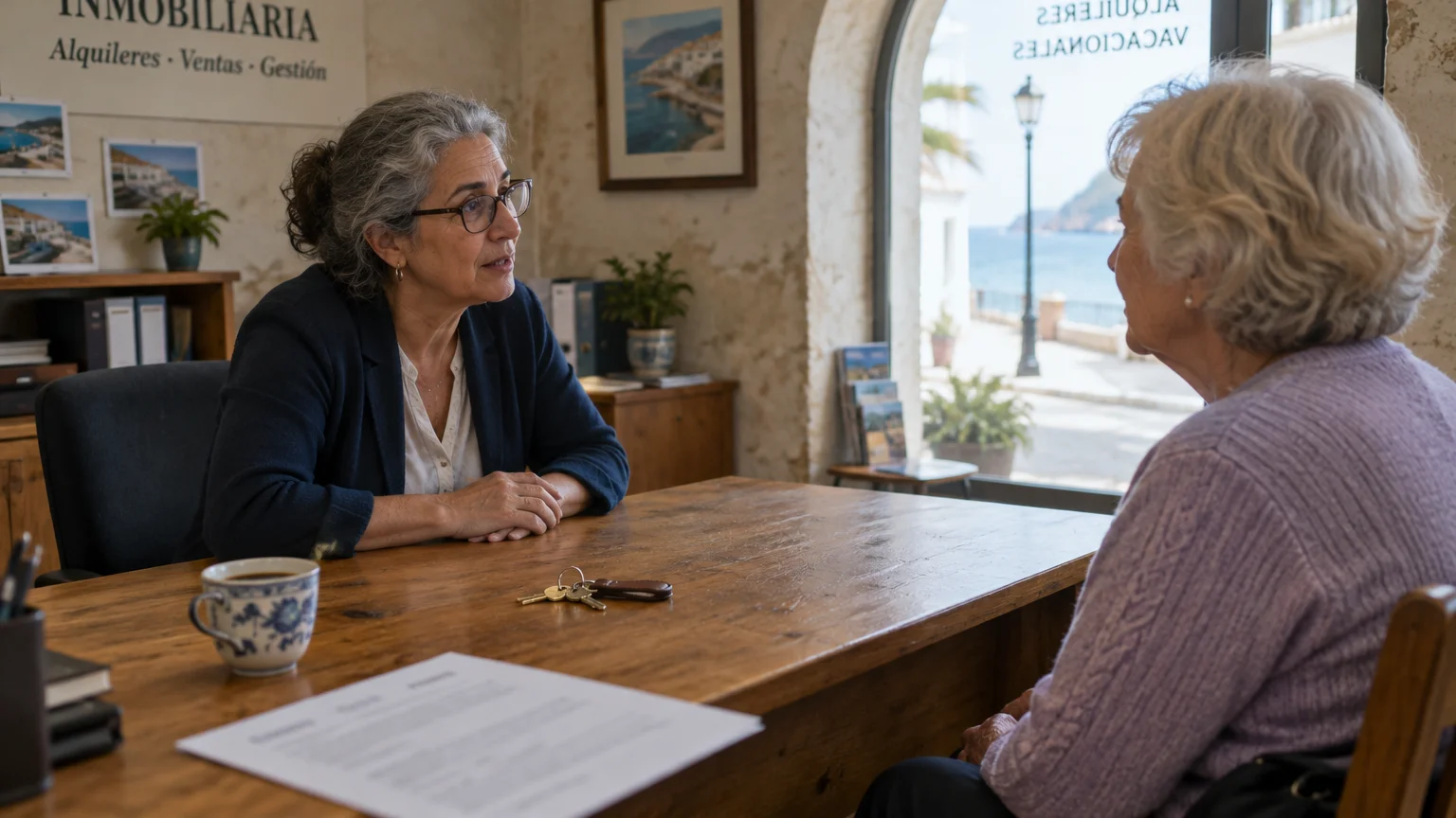 A woman sits at a wooden desk in a Spanish real estate office, speaking with a client near a window overlooking the sea.