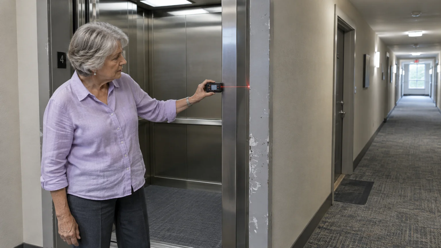 A woman uses a digital laser measuring tool against the doorframe of an open apartment building elevator.