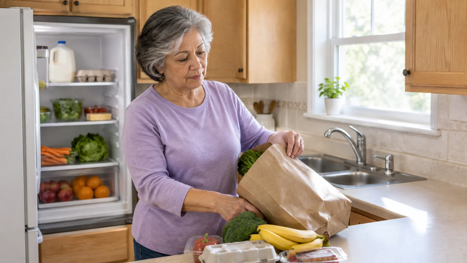 A senior woman unpacks groceries from a brown paper bag onto her kitchen counter beside an open refrigerator.