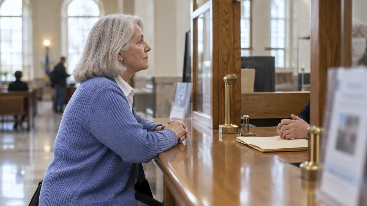 A senior woman in a blue cardigan sits at a wooden service counter with glass partition speaking to a clerk.