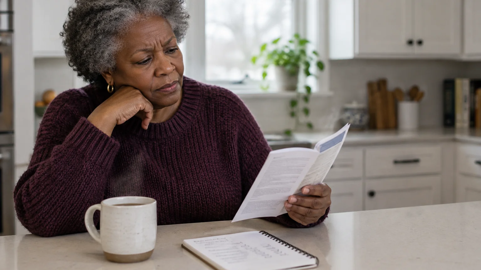 Senior woman sitting at a kitchen counter with a hot mug and notepad, thoughtfully reading a printed booklet.