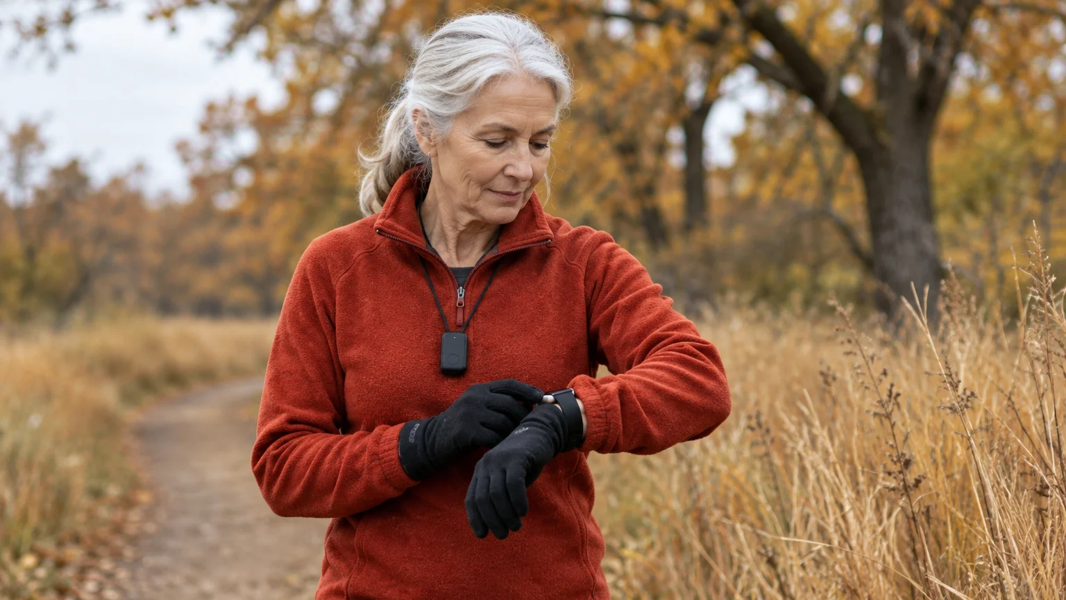 A senior woman on an autumn trail wearing an alert pendant around her neck while checking a smartwatch on her wrist.