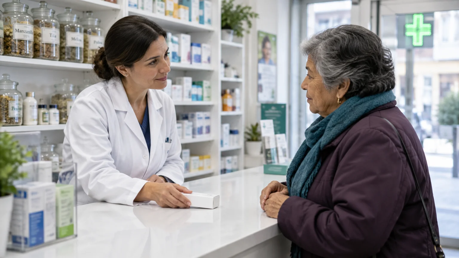 A pharmacist in a white coat hands a medicine box to an older woman across a counter inside a pharmacy.