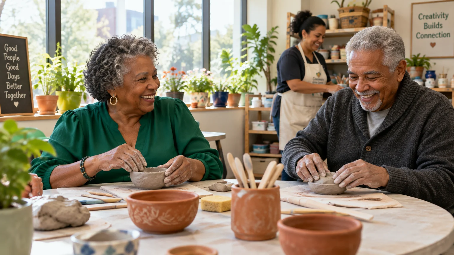 Older adults sculpt clay bowls at a sunlit pottery studio table while an instructor works in the background.