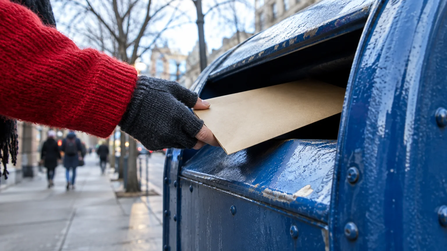 A gloved hand drops a manila envelope into a blue public postal mailbox on a city sidewalk.