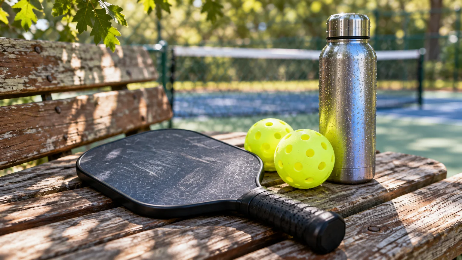 A black pickleball paddle, two yellow balls, and a stainless steel water bottle rest on a weathered wooden park bench.