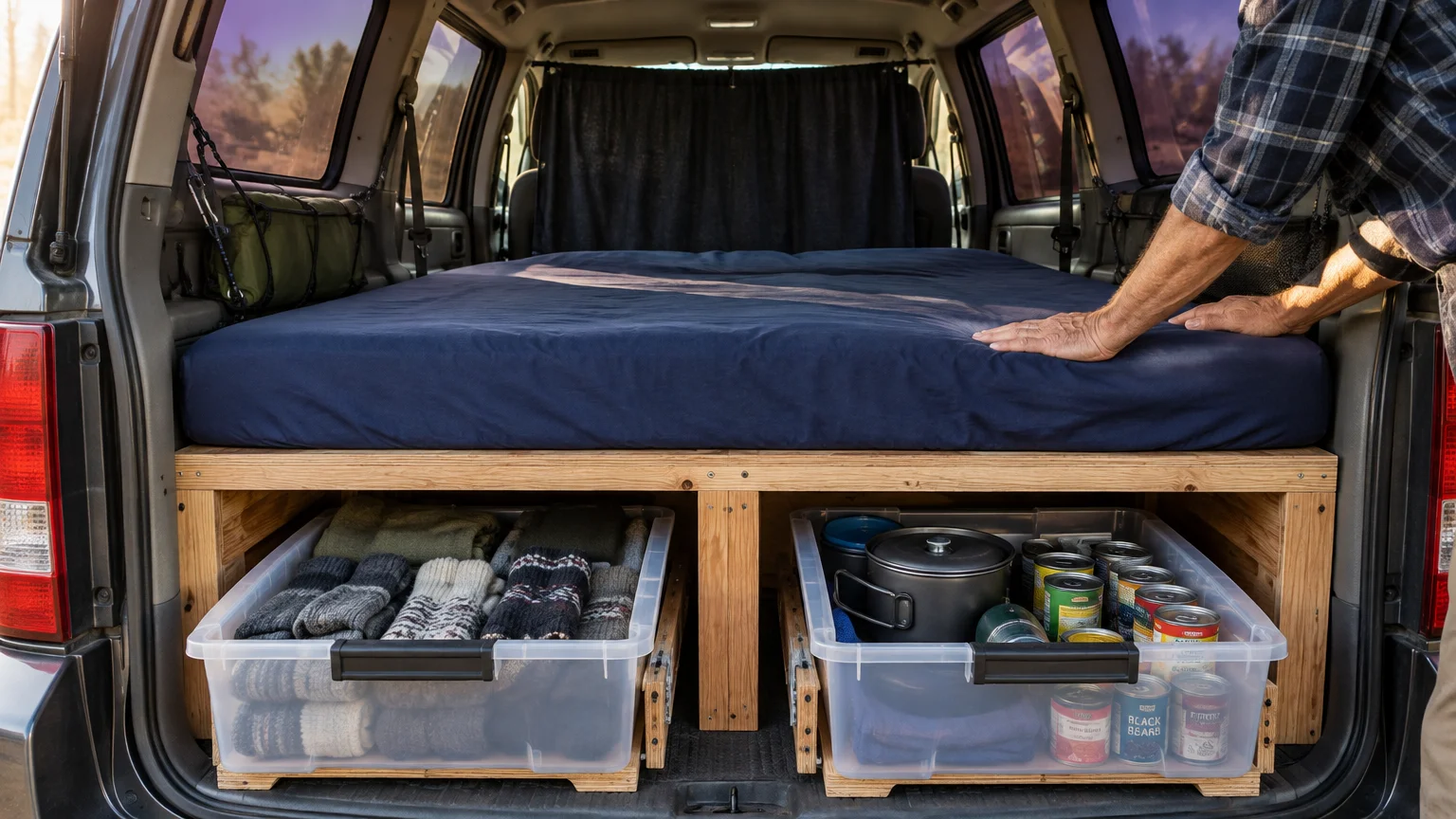 Wooden bed platform inside the rear of a vehicle with a blue mattress and pull-out storage bins underneath.
