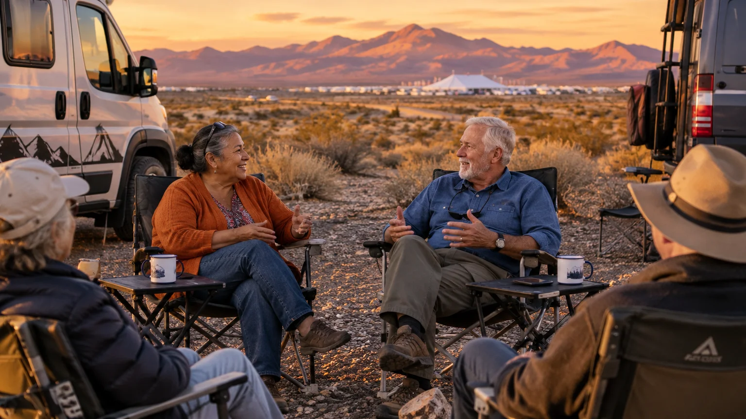 Older adults sit in folding camp chairs conversing outside camper vans in the desert at sunset, with mountains behind.