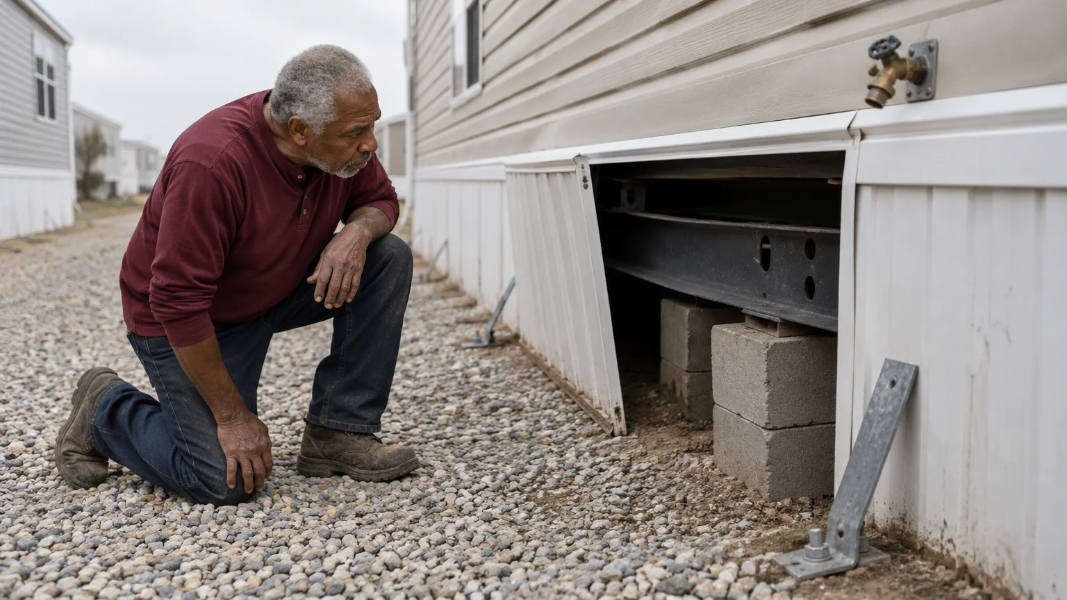 An older man kneels on gravel inspecting the foundation and cinder blocks beneath manufactured home skirting.