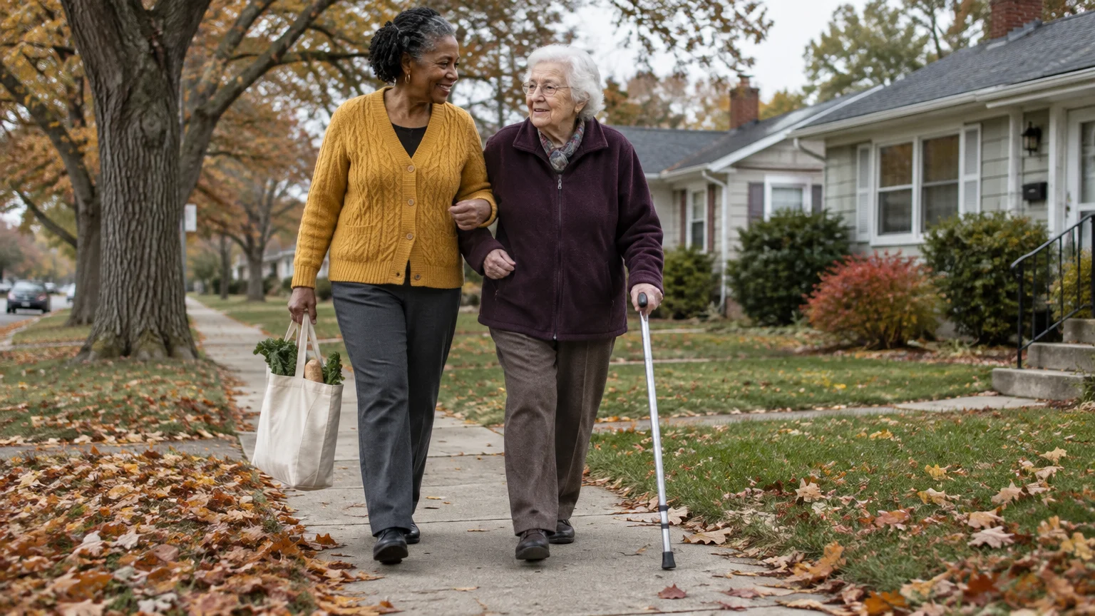 Two older women walk along a residential sidewalk in autumn, one carrying groceries and the other walking with a cane.