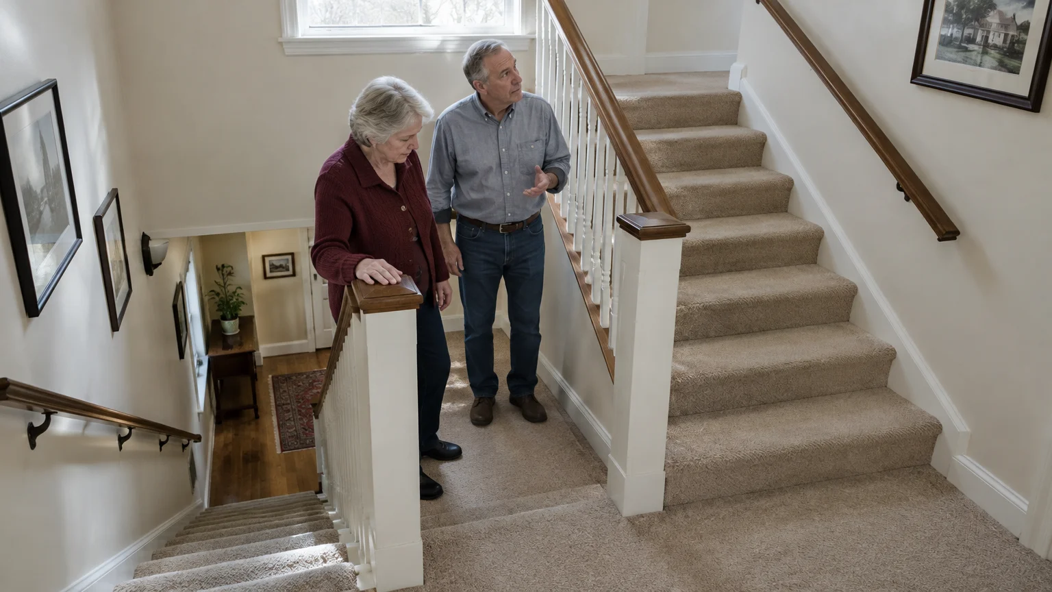 Senior couple standing on a carpeted staircase landing inside a home, looking up toward the top steps.