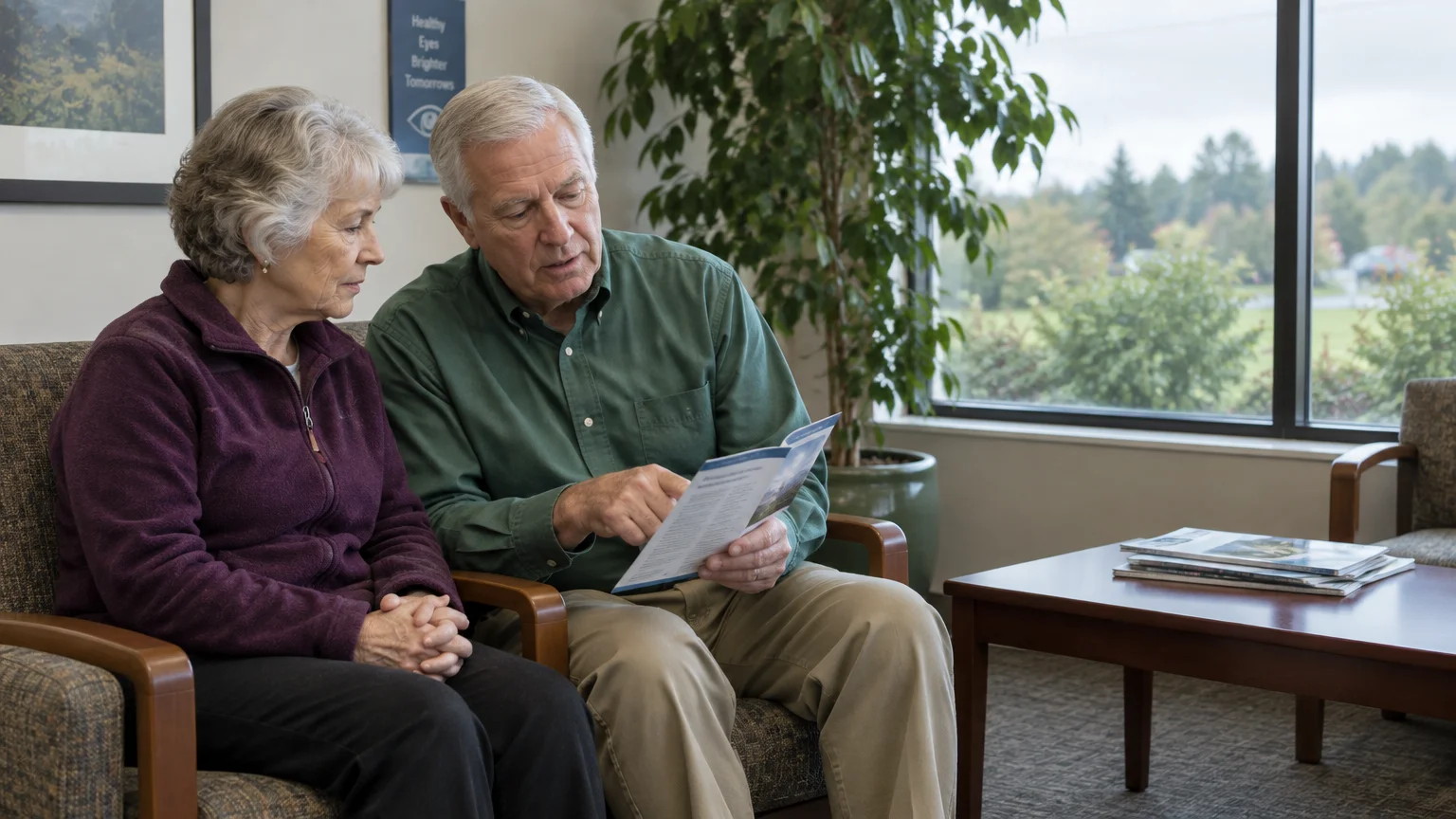 An older man and woman sit in armchairs in a waiting room, reading a printed medical brochure together.