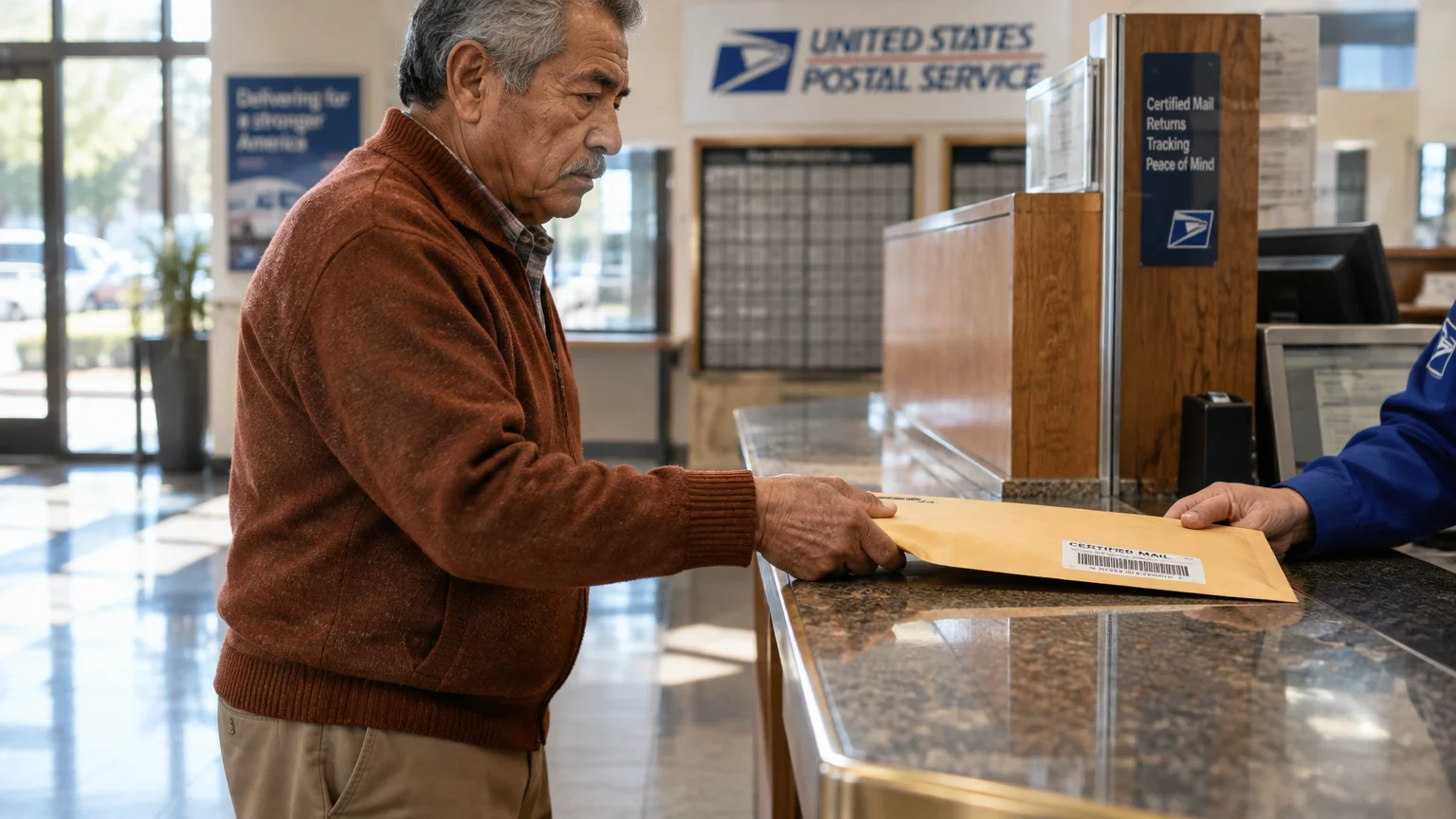 A senior man handing a certified mail envelope to a postal worker across a counter inside a post office.