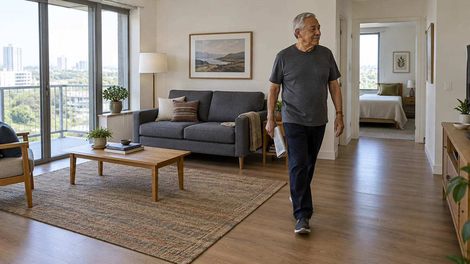 Senior man walking through a bright modern apartment living room with wide wood pathways beside a couch and coffee table.