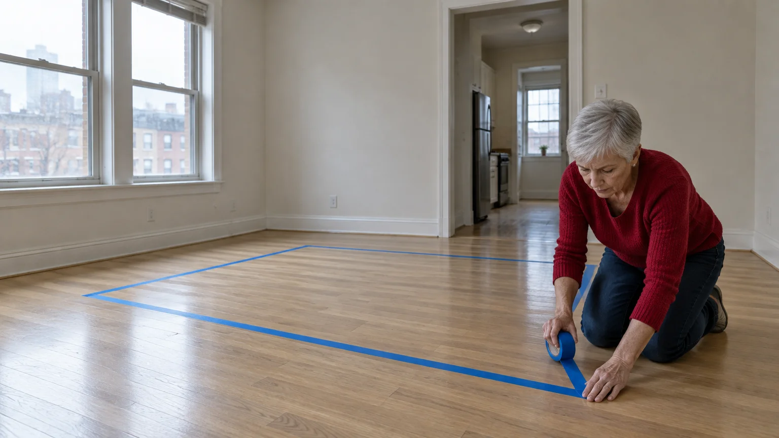A woman kneels on hardwood floors, outlining a rectangular furniture footprint with blue painter's tape.