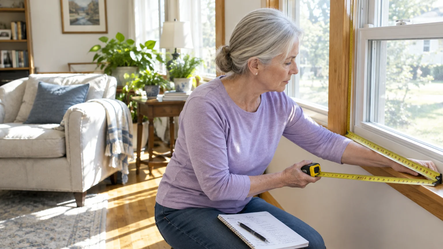 A senior woman uses a yellow tape measure on a window sill while holding a notepad in a sunlit living room.