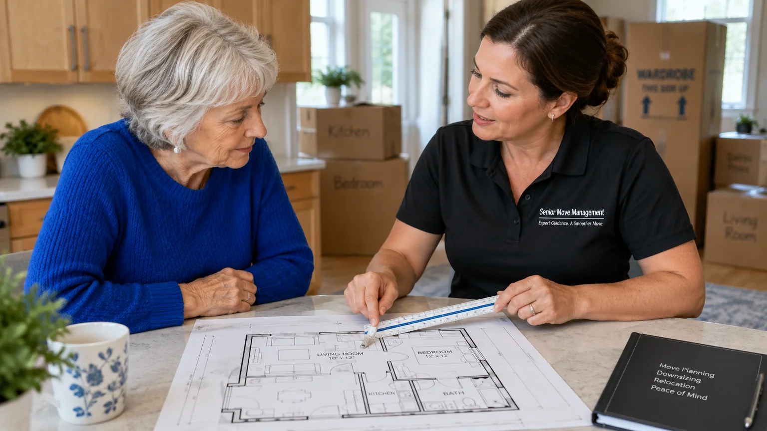 A senior move manager reviews a printed apartment floor plan with an older woman using a scale ruler beside moving boxes.
