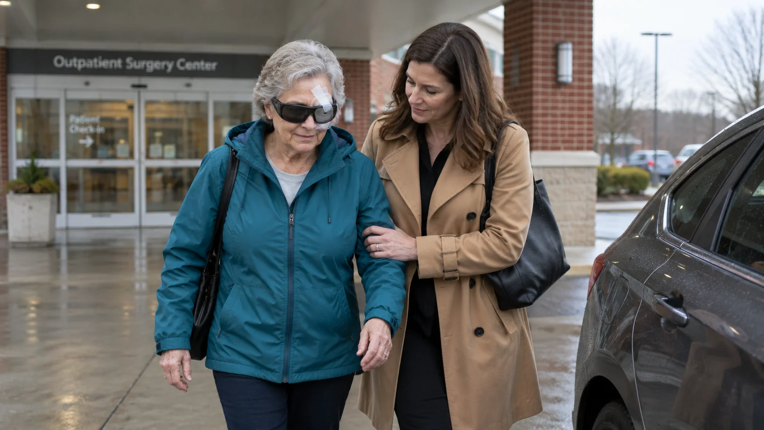 A woman helps an older woman with an eye bandage walk outside an outpatient surgery center toward a car.
