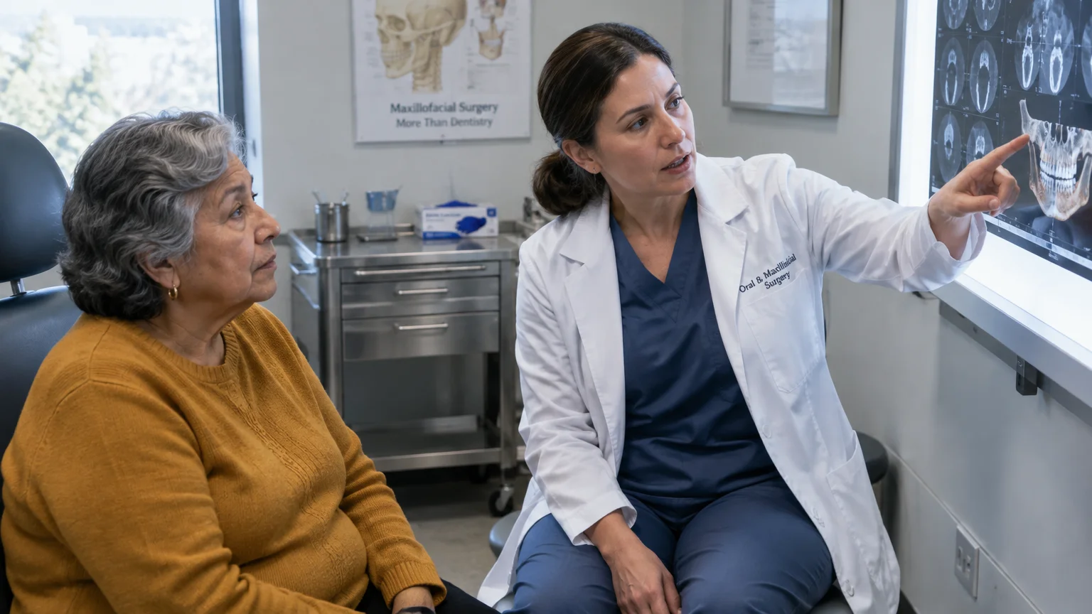 A doctor in a lab coat points to jaw scans on a light board while explaining them to an older female patient.