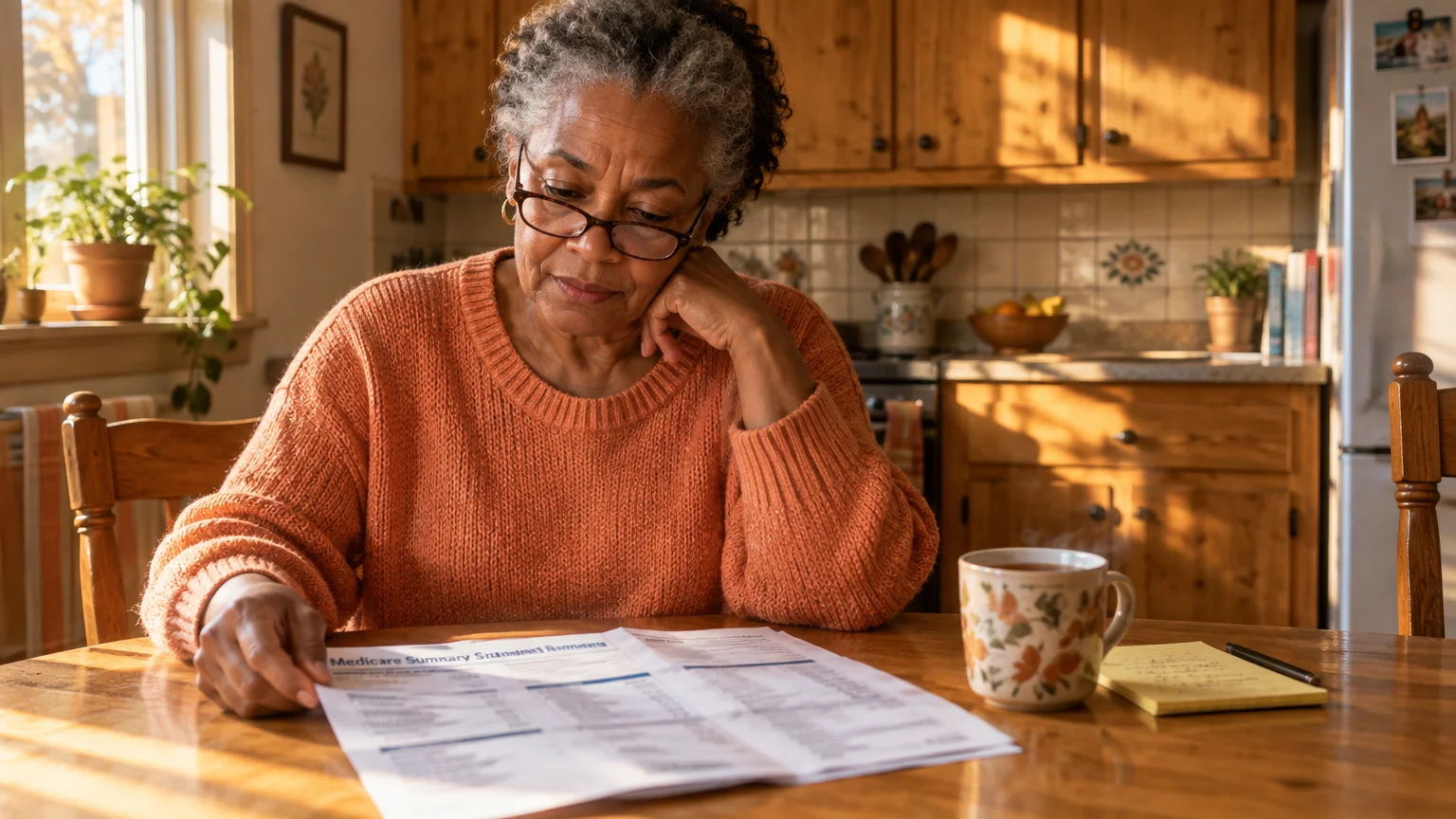 Senior woman in glasses and an orange sweater reading a Medicare document at a wooden kitchen table.