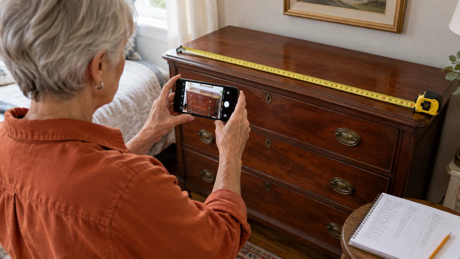 A woman uses a smartphone to photograph a wooden dresser topped with an extended tape measure next to a notepad.