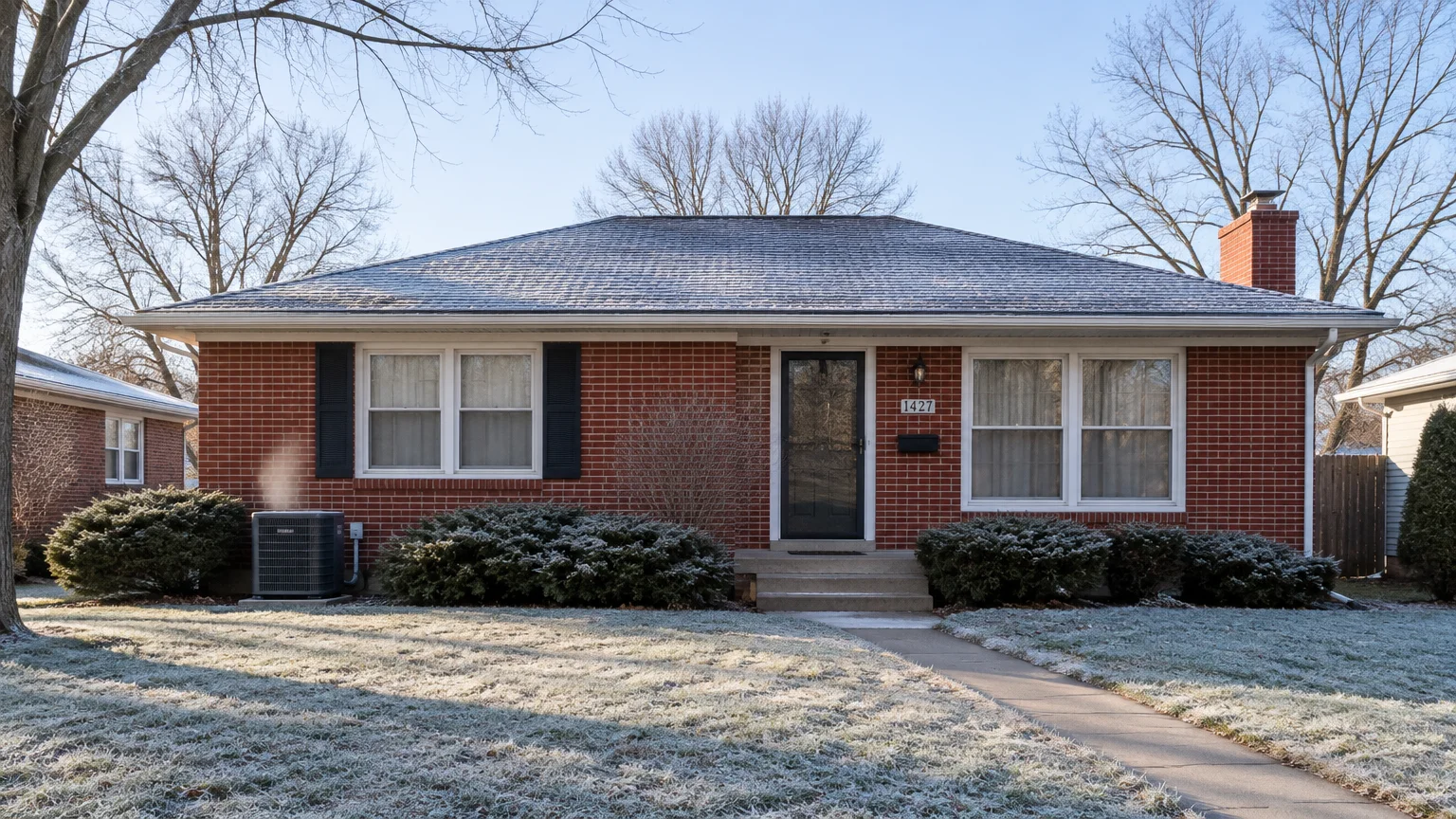 Red brick ranch house with a frosted lawn and an outdoor heat pump unit running outside.