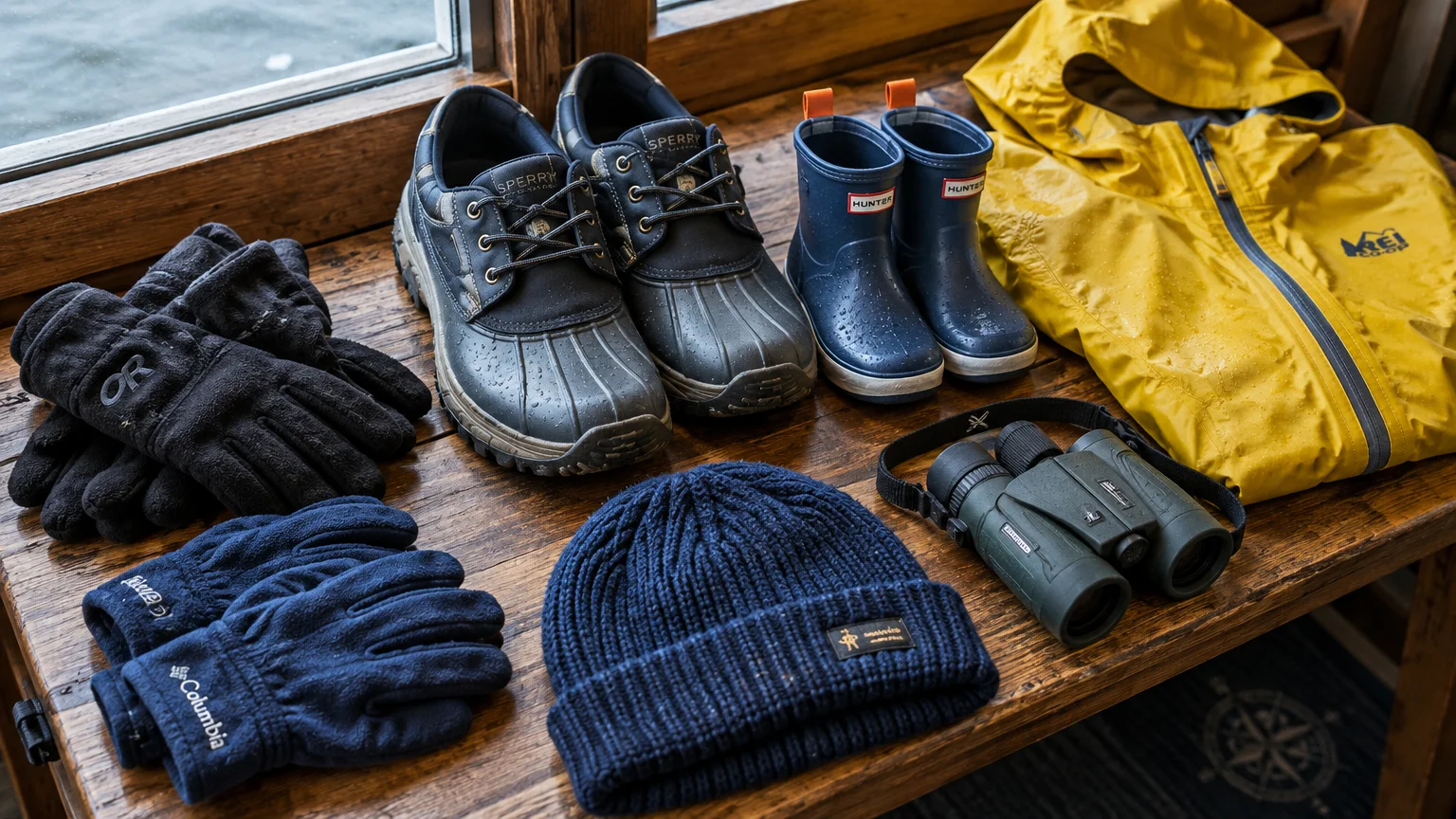 Waterproof shoes, rain boots, a yellow jacket, fleece gloves, a knit beanie, and binoculars laid out on a wooden bench.