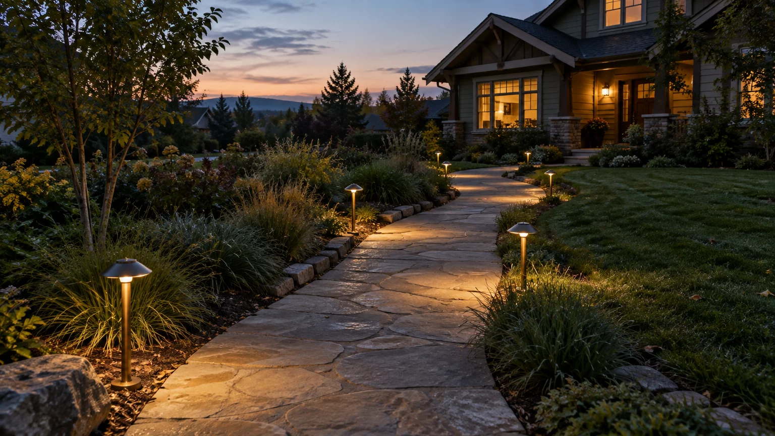 Illuminated stone walkway winding through a landscaped yard toward a house at dusk, lit by low-voltage path lights.