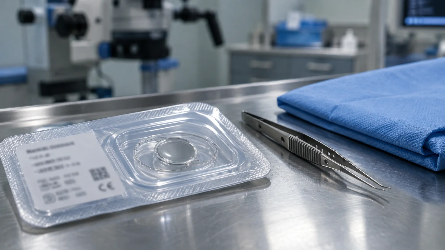 Intraocular lens in sterile packaging beside surgical forceps and blue cloth on an operating room metal tray.