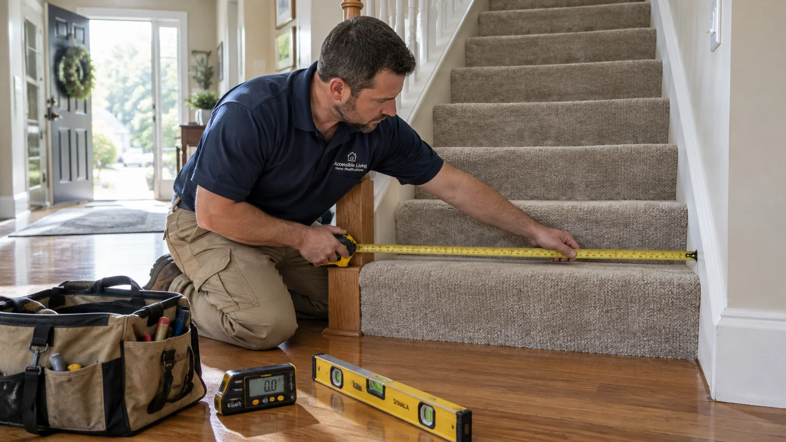 A technician kneels on a hardwood floor, using a yellow tape measure to check the width of a carpeted staircase.