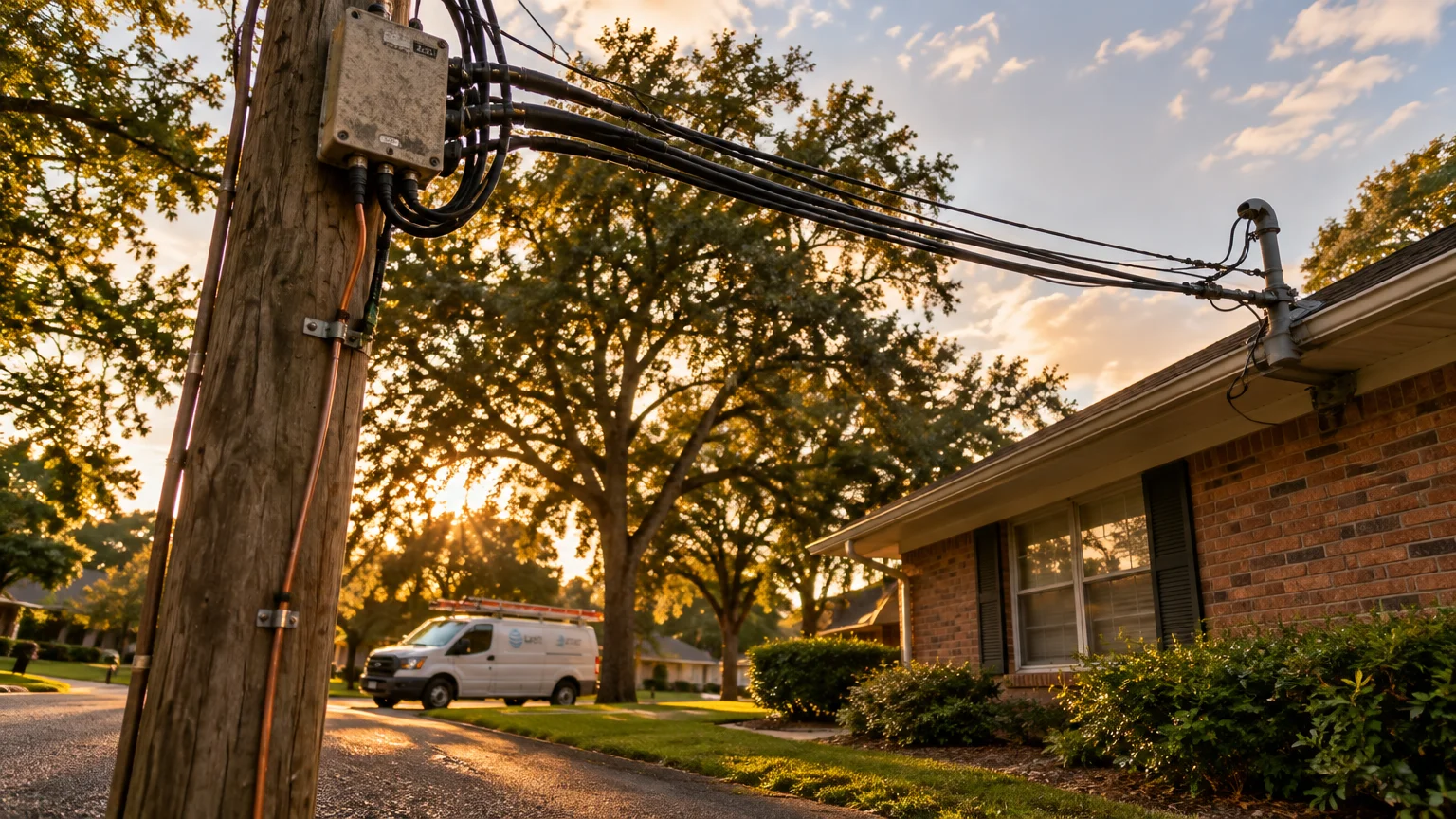 Utility pole and overhead cables running to a brick suburban house, with a service van parked along the street.