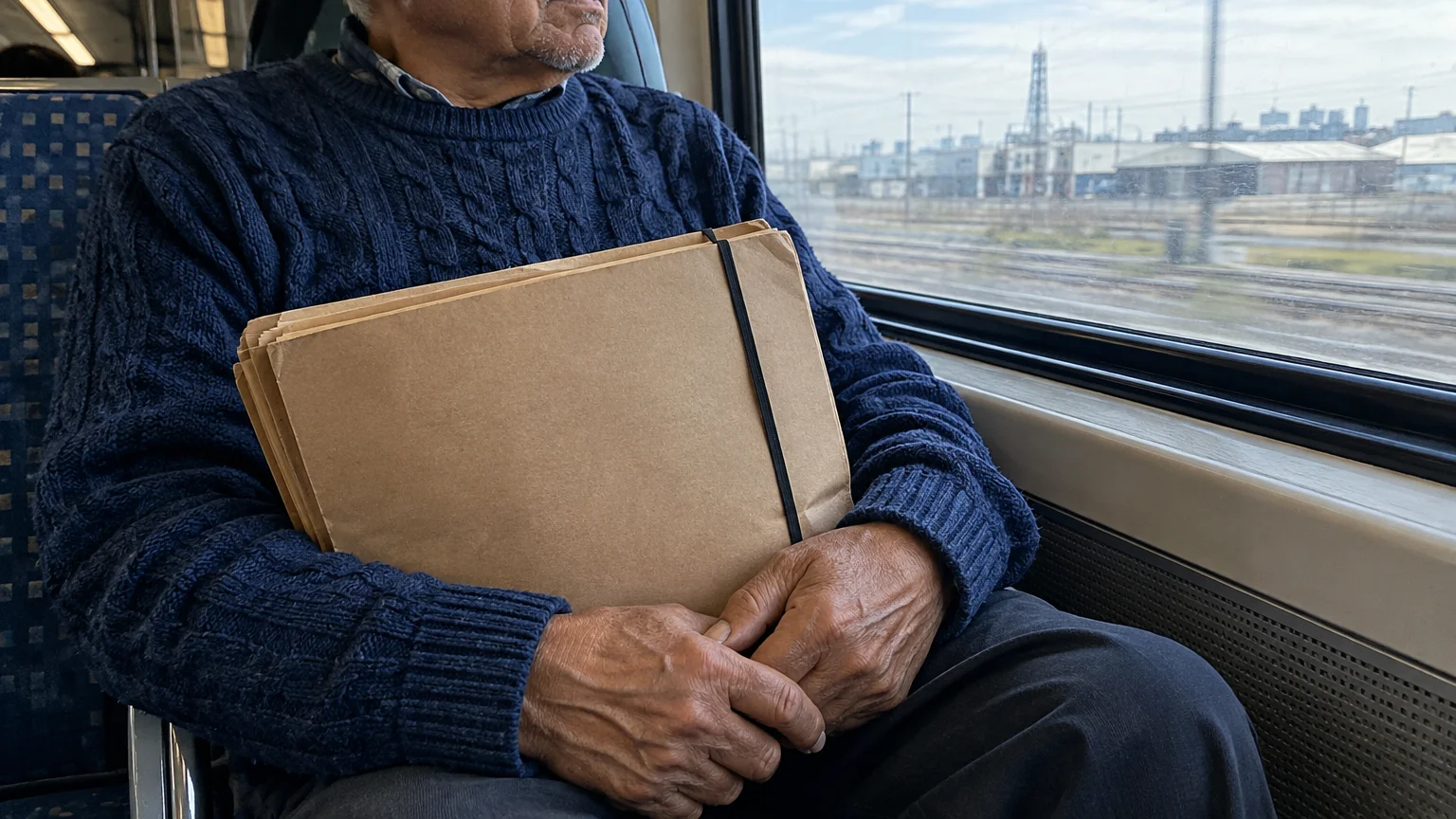 An older man in a blue knit sweater holds a brown paper folder on his lap while sitting next to a train window.